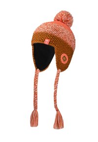 Knitted hat in brown and orange, featuring a round pom-pom, ear flaps, and braided ties with tassels. Soft interior lining.