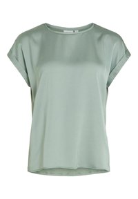 Blouse vert clair à manches courtes, fabriquée en tissu doux, avec une coupe décontractée, un col rond et un ourlet légèrement courbé.