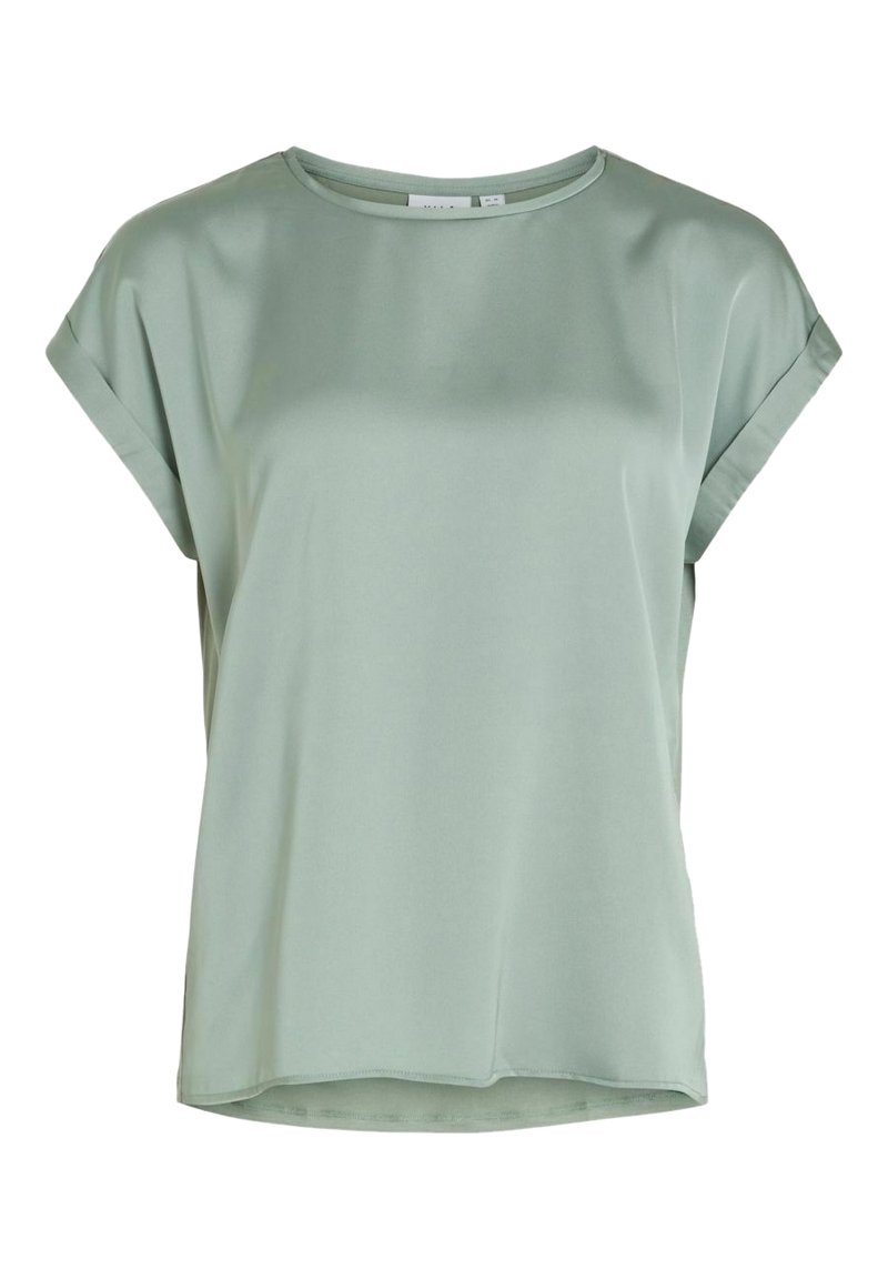 Blouse vert clair à manches courtes, fabriquée en tissu doux, avec une coupe décontractée, un col rond et un ourlet légèrement courbé.