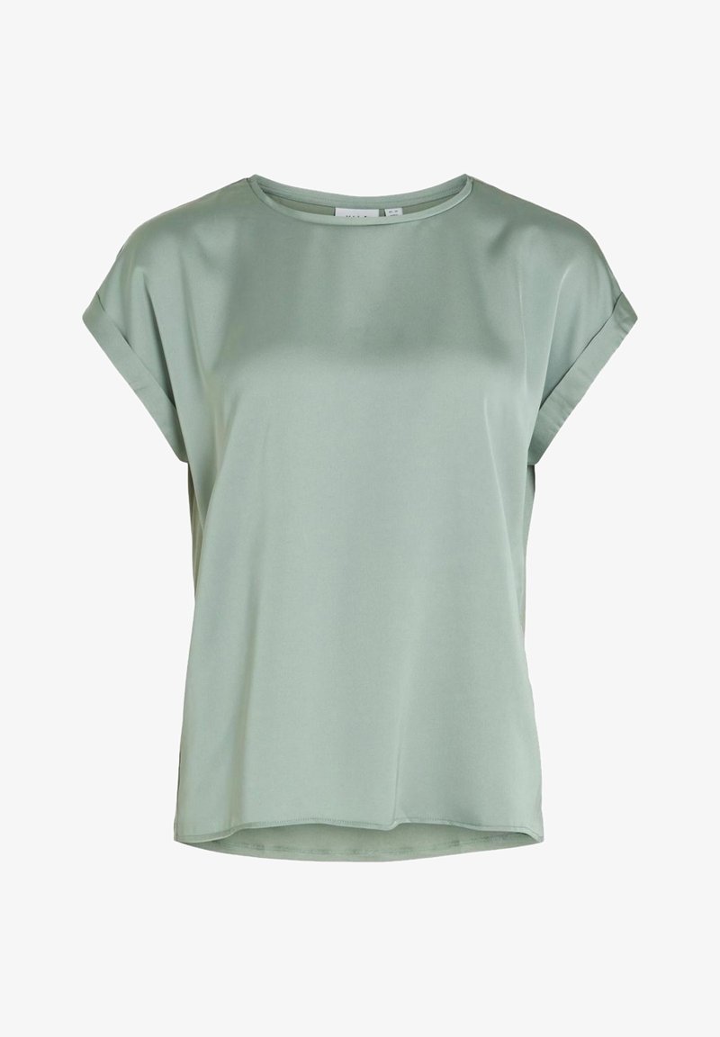 Blouse vert clair à manches courtes, fabriquée en tissu doux, avec une coupe décontractée, un col rond et un ourlet légèrement courbé.