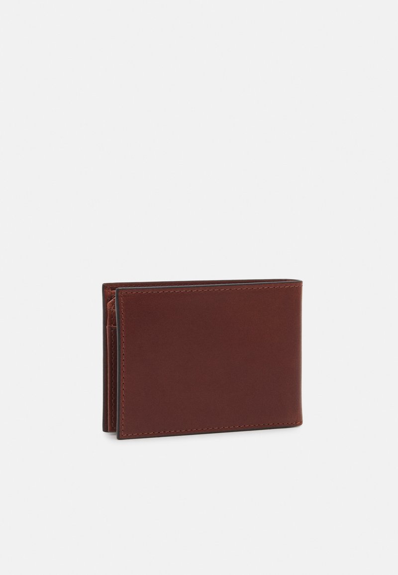 Brown leather wallet with a minimalist design, featuring a smooth texture, stitched edges, and multiple card slots. Compact rectangular shape.
