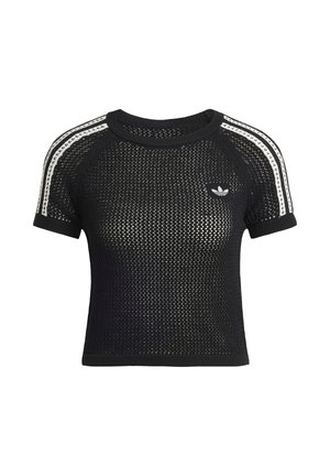 Czarny przycięty t-shirt z siateczki z okrągłym dekoltem, krótkimi rękawami raglanowymi i białymi akcentami w postaci trzech pasków, z małym czarnym logo na piersi.