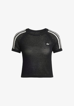 Czarny przycięty t-shirt z siateczki z okrągłym dekoltem, krótkimi rękawami raglanowymi i białymi akcentami w postaci trzech pasków, z małym czarnym logo na piersi.