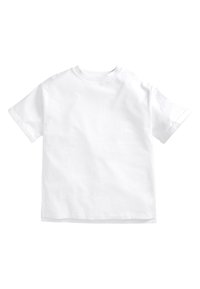 Weißes Baumwoll-T-Shirt mit kurzen Ärmeln, Rundhalsausschnitt und lockerer Passform. Glatte Textur; keine Muster oder Verzierungen.