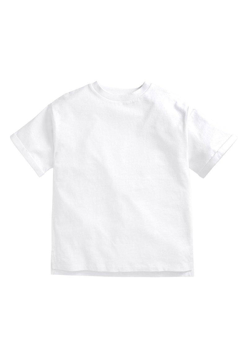 Weißes Baumwoll-T-Shirt mit kurzen Ärmeln, Rundhalsausschnitt und lockerer Passform. Glatte Textur; keine Muster oder Verzierungen.
