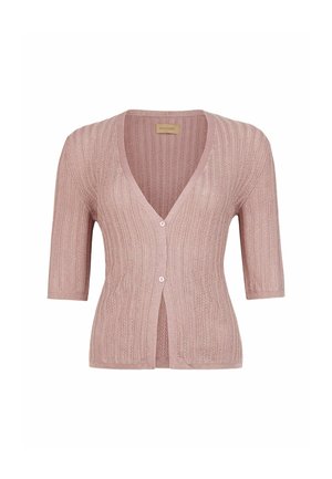 Lys pink cardigan med V-hals, korte ærmer, ribbet tekstur og to foran knapper. Har et let åbent frontdesign.