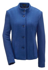 Blau melierte Wolljacke mit hohem Kragen, fünf vorderen Knöpfen und langen Ärmeln. Glatte Textur mit figurbetontem Schnitt und ohne sichtbare Muster.