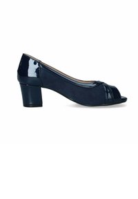 Pumps peep-toe blu scuro con finitura lucida sulla punta e sul tallone, caratterizzati da un modesto tacco a blocco e un corpo in tessuto liscio.