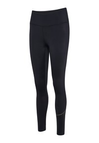 Svarte tights laget av stretchy stoff, med høyt liv, glatt overflate og en subtil gullaccent ved ankelen.