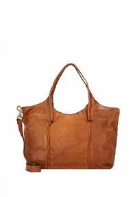 Bruine leren tote bag met dubbele handvatten, ritsdetails en een verwijderbare schouderriem. Gladde textuur met subtiele stikselaccenten.