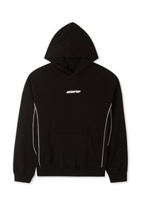 Felpa nera con tasca frontale, piping bianco lungo le maniche e piccolo logo bianco "Surf" centrato sul petto.