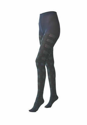 Juodos nepermatomos pėdkelnės su žaliu ir pilku geometriniu languotu raštu ant kojų, parodytos nuo klubų iki pirštų ant manekeno.