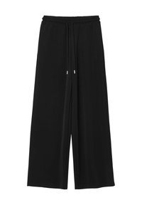 Schwarzweite Hose aus weichem Stoff, mit einem elastischen Bund und einer Kordel mit silbernen Metallspitzen.