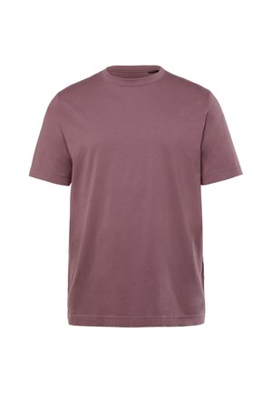 T-Shirt mit kurzen Ärmeln in gedämpftem Mauve, aus weichem Baumwollstoff, mit Rundhalsausschnitt und geradem Saum ohne sichtbare Verzierungen.