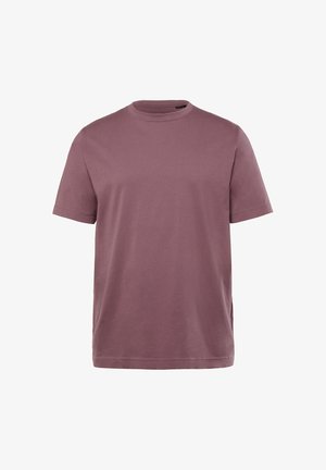 T-Shirt mit kurzen Ärmeln in gedämpftem Mauve, aus weichem Baumwollstoff, mit Rundhalsausschnitt und geradem Saum ohne sichtbare Verzierungen.