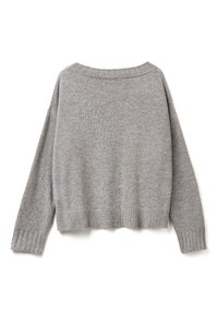 Grauer Strickpullover mit lockerer Passform. Mit gerippten Bündchen und Saum, weitem Ausschnitt und strukturiertem Strickmuster an den Ärmeln.