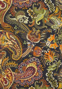 Diep zwart textiel met levendige paisley- en bloemmotieven in oranje, groen en paars. Fijne details met een gladde textuur.