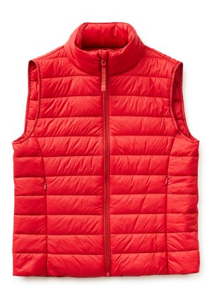 Rode gewatteerde mouwloze bodywarmer met opstaand kraagje en ritssluiting aan de voorkant, tegen een witte achtergrond.