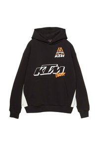 Čierna mikina s kapucňou z bavlnenej zmesi, má predné vrecko, kapucňu so sťahovacou šnúrkou a biele akcenty. Zobrazuje oranžové a biele logá KTM.