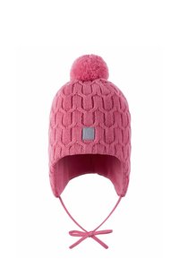 Cappello lavorato a maglia rosa con un motivo testurizzato, un grande pompon sulla cima e le alette per le orecchie con lacci per una vestibilità sicura. Accentuato da un'etichetta grigia.