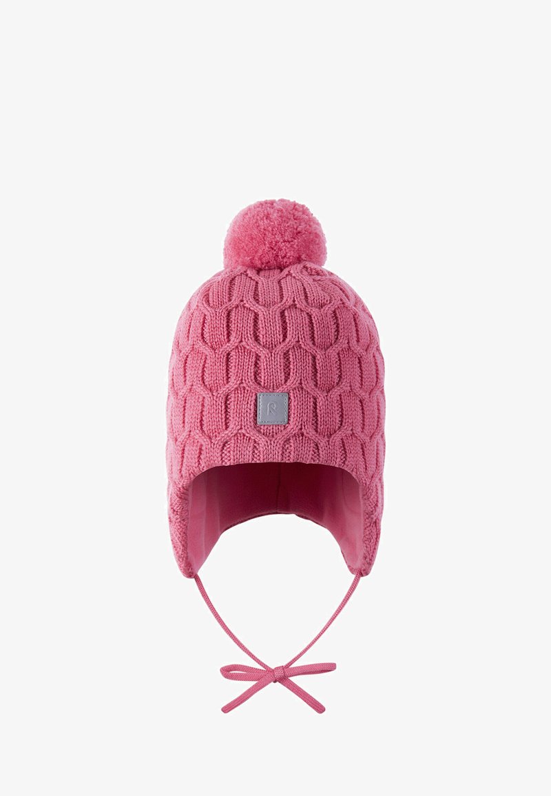 Knitted pink hat featuring a textured pattern, a large pom-pom on top, and ear flaps with ties for secure fitting. Accented with a gray logo tag.
