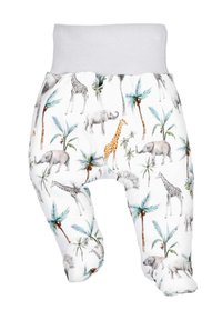 Pantaloni per neonati realizzati in tessuto morbido, caratterizzati da una stampa giocosa con animali e palme in grigio, marrone e verde, con un elastico bianco semplice.