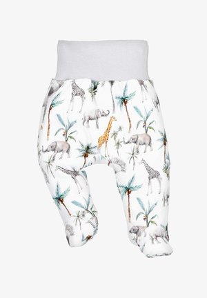 Babypants aus weichem Stoff mit einem verspielten Tier- und Palmenmotiv in Grau, Braun und Grün, mit einem schlichten weißen Bund.