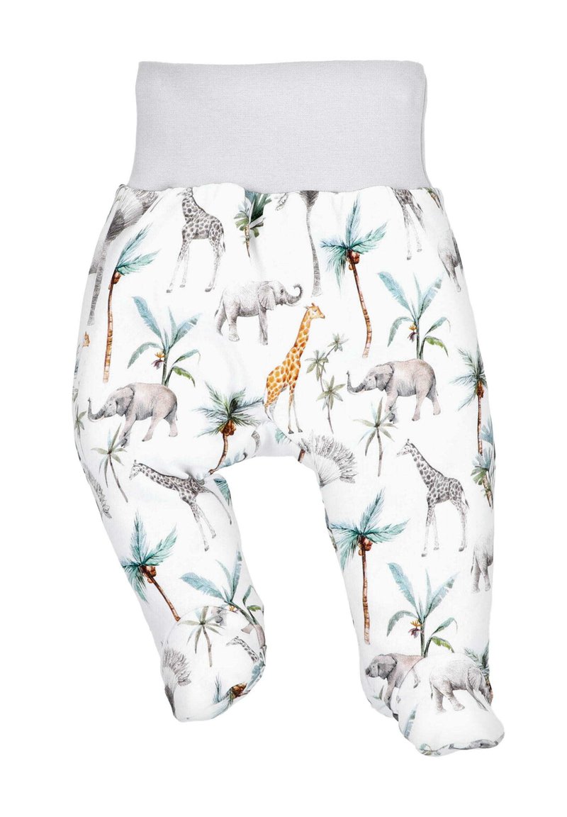 Pantaloni per neonati realizzati in tessuto morbido, caratterizzati da una stampa giocosa con animali e palme in grigio, marrone e verde, con un elastico bianco semplice.