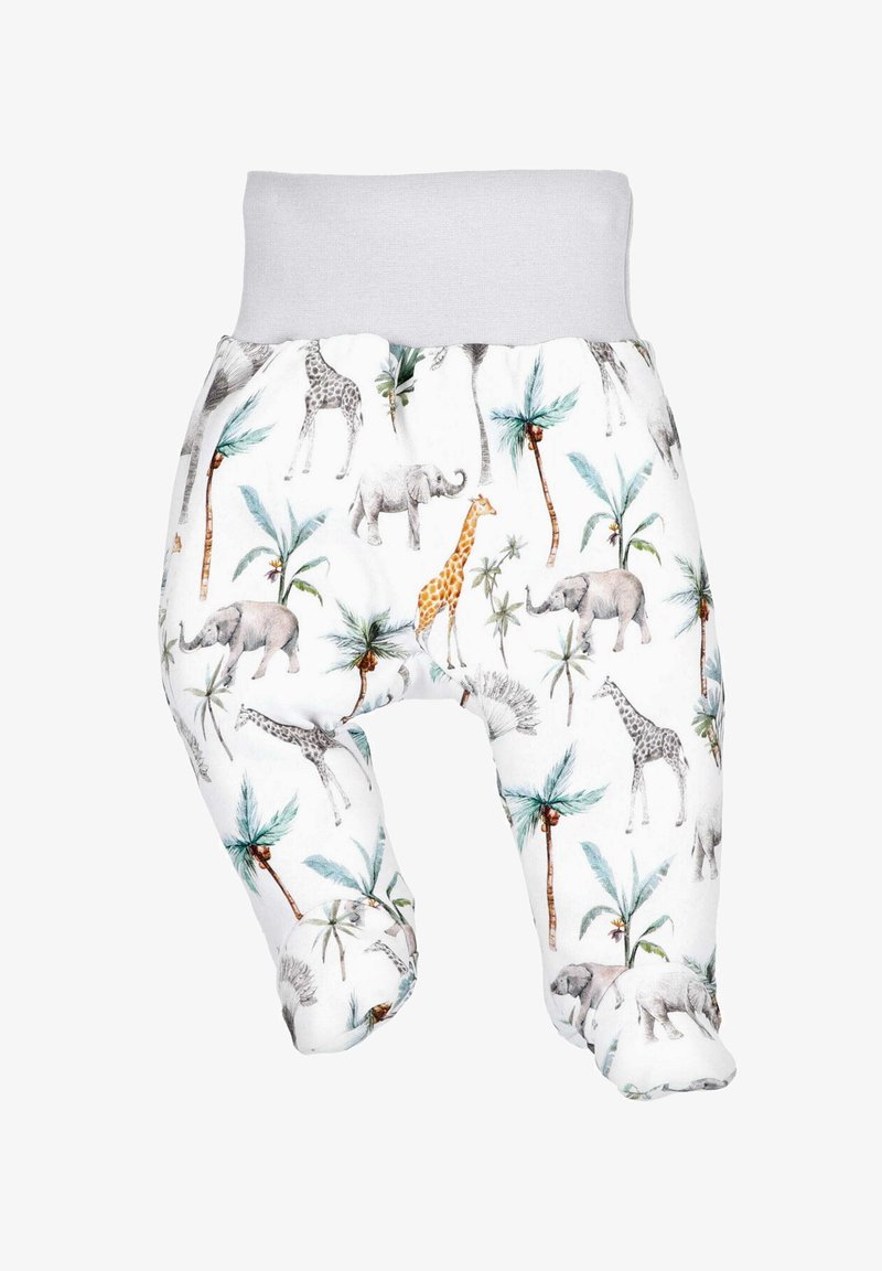 Babybroekjes van zachte stof met een speelse print van dieren en palmbomen in grijs, bruin en groen, met een effen witte tailleband.