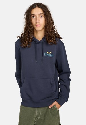 Sudadera de color azul marino hecha de una mezcla de algodón, con un bolsillo frontal, capucha con cordón y un colorido logo de Element en el pecho.