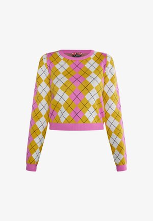 Hæklet sweater i pink, gul og hvidt argyle-mønster. Har lange ærmer, rund halsudskæring og ribbede manchetter og kant.