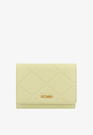 Lichtgele leren portemonnee met een gekruiste ruitpatroon, voorzien van een goudkleurig logo, een vouwflap en tonale stiksels.