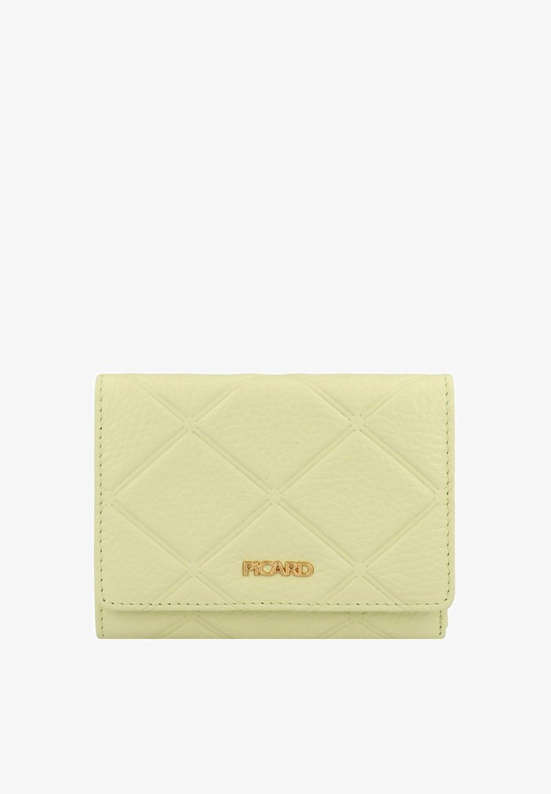 Lichtgele leren portemonnee met een gekruiste ruitpatroon, voorzien van een goudkleurig logo, een vouwflap en tonale stiksels.