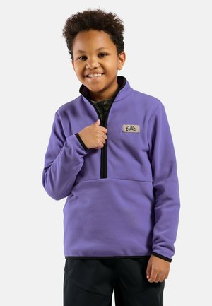 Pullover in pile viola con zip quarti e dettagli neri. Presenta una piccola etichetta in stoffa sul lato sinistro del petto e maniche lunghe.