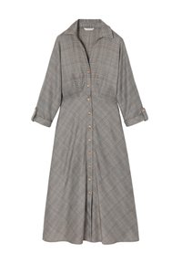 Vestito grigio con plaid, colletto, chiusura a bottoni e maniche lunghe. Realizzato in tessuto testurizzato, con bottoni beige e gonna a ruota.
