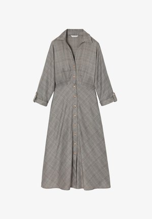 Szara sukienka w kratę z kołnierzykiem, zapinana na guziki z przodu, z długimi rękawami. Wykonana z teksturowanej tkaniny, z beżowymi guzikami i rozkloszowanym dołem.