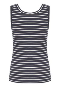 Mörkblå och vit randig linne av ribbat tyg. Har rund halsringning och en åtsittande design utan ärmar.