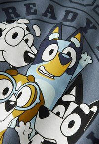 Marškinėliai, kuriuose pavaizduoti animacinių filmų šunys spalvingu dizainu; mėlynos, juodos, baltos ir rudos spalvos; minkšta medžiaga su žaismingu grafiniu spaudiniu.