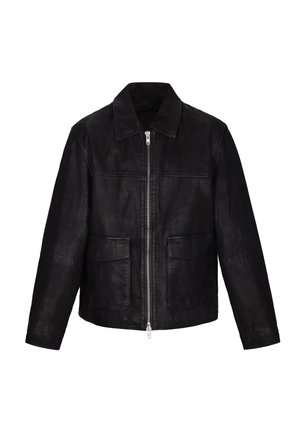 Schwarze Lederjacke mit Frontreißverschluss, zwei großen Klappentaschen und klassischem Kragen.