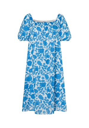 Weißes Kleid mit blauem Blumenmuster, quadratischem Ausschnitt und kurzen Puffärmeln.
