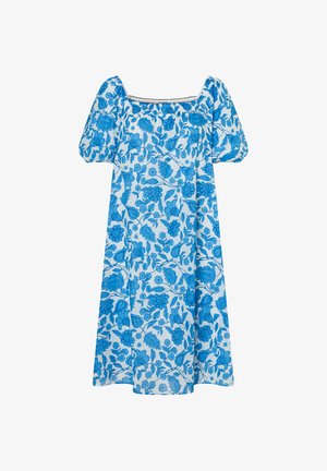 Weißes Kleid mit blauem Blumenmuster, quadratischem Ausschnitt und kurzen Puffärmeln.