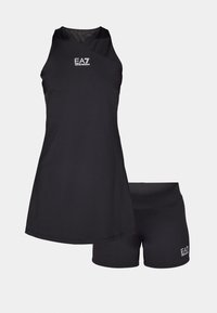 Black athletic outfit featuring a sleeveless top with a round neckline and a pair of fitted shorts. Both pieces have a smooth texture and logo.