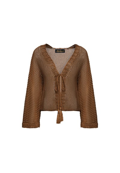 Ruske kulte sweater z V-izrezom in zavezovanjem spredaj, širokimi rokavi in detajli s čopiči, izdelan iz teksturiranega, zračnega materiala.