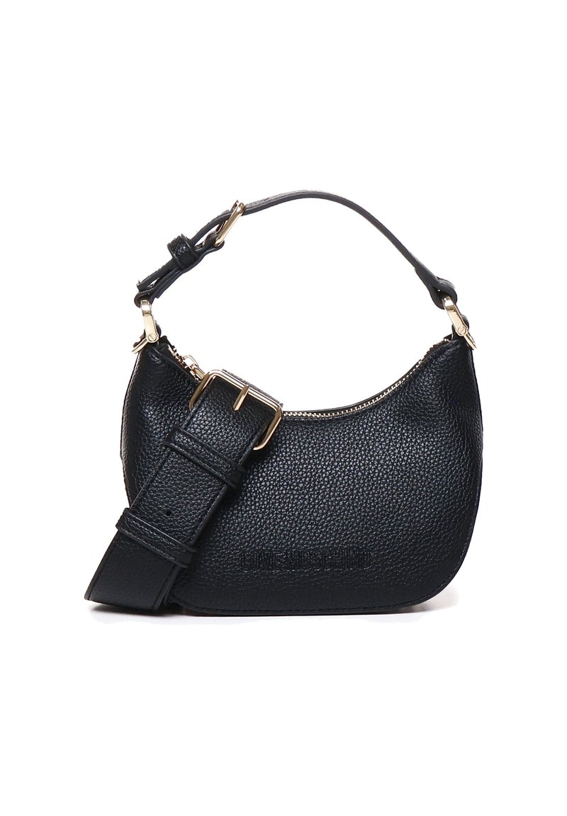 Borsa a mano in pelle nera con finitura strutturata, manico superiore singolo e tracolla regolabile. Presenta una cerniera dorata e un dettaglio con logo impresso.