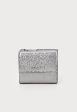Metallic silver leather wallet with a textured finish, featuring a logo embossed on the front and a zippered compartment. Rectangular shape.
