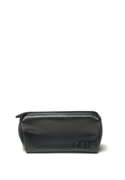 Black leather pencil case with a rounded shape, featuring a zip closure and embossed logo on the side. Smooth texture with minimal design.