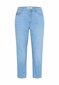 Jeans in denim blu chiaro con design a gamba dritta, dotati di chiusura con bottone frontale, passanti per la cintura e due tasche anteriori con dettagli di cucitura.