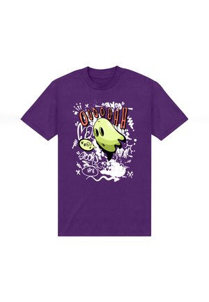 T-shirt di cotone viola con grafica di un fantasma verde, testo in stile fumetto e accenti di macchie in bianco e rosso.