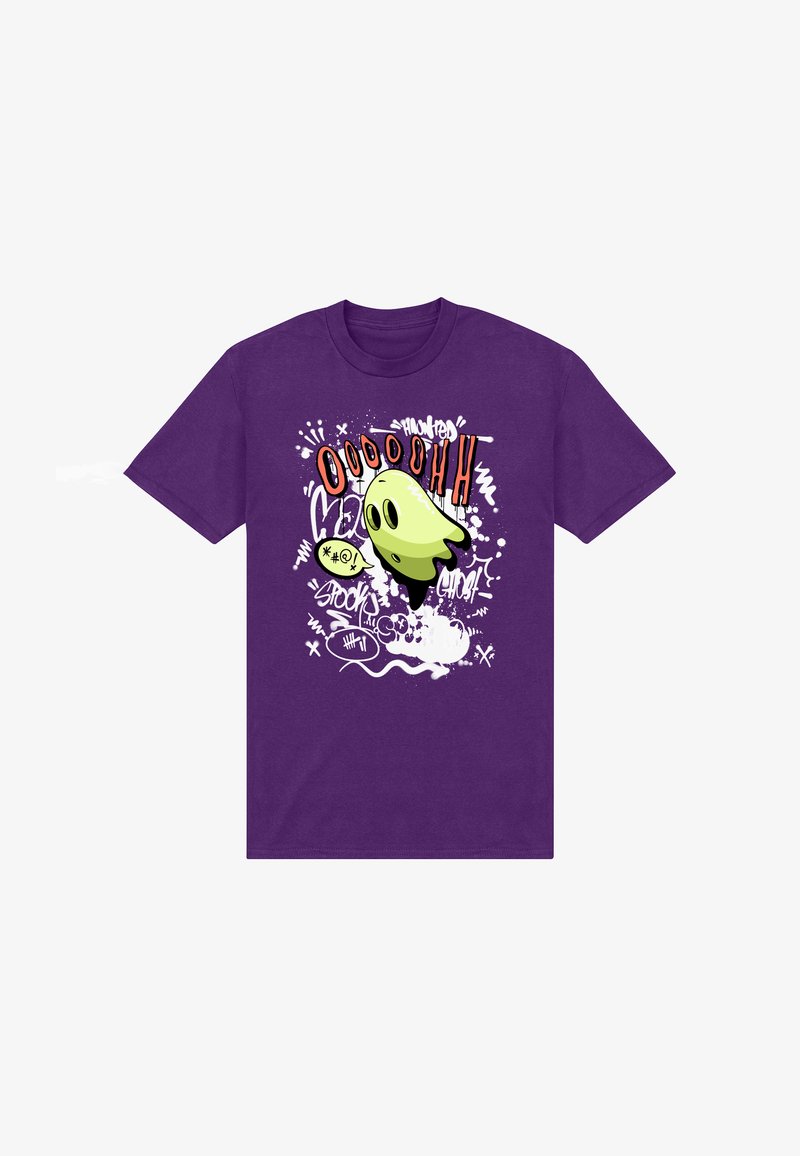 Fialové bavlněné tričko s grafikou zeleného ducha, komiksovým textem a skvrnami v bílé a červené barvě.
