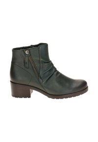 Green leather ankle boot with a side zipper, ruched design, and a short block heel, featuring a smooth texture and sturdy outsole.